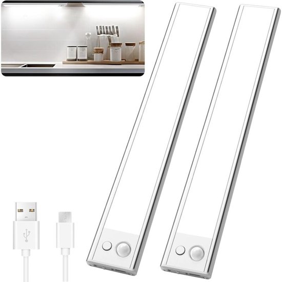 Reglette LED Oplaadbaar USB 23cm/1500mAh/3 Modi Eclairage, Lampe LED Cuisine sous Meuble sans Fil, Lampe Detecteur de Mouvement Interieur pour Cuisine, Escalier, Placard (2 Stuk)