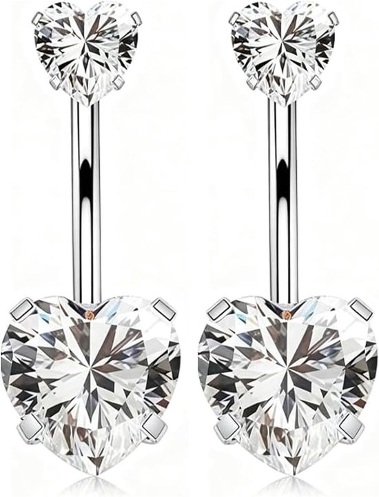 Ringen Chirurgisch Staal - 2 Stuks Buikpiercing Met Hartvormige Zirkonia, 10mm Staaf, Zilver - Hypoallergeen Sieraden Voor Vrouwen Dagelijks Gebruik Strand Feest