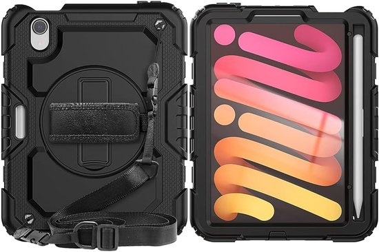 Robuuste iPad Mini 7/6 Hoes met Screenprotector, Handriem, Standaard en Schouderriem (8.3 inch) van Merkloos