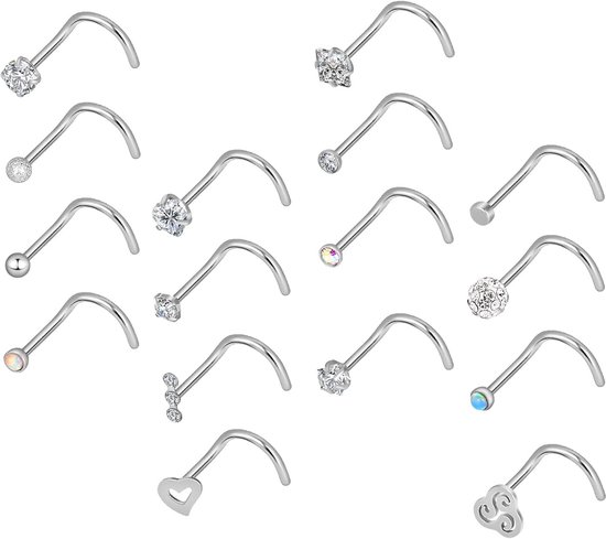 Roestvrijstalen piercingset, 16 stuks, neusring, lippenring, stekerset, lichaamspiercing, L-vorm, C-vorm, rechte vorm, Roestvrij staal, Zirkonia