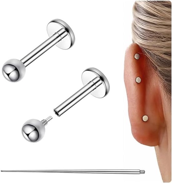 Ronde Bal Titanium Platte Terug Oorbellen Stud, 18G Titanium Kraakbeen Tragus Labret Lip Medusa Piercing Sieraden voor Vrouwen Mannen