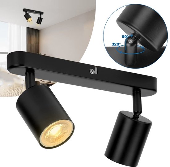 Ronde zwarte GU10 plafondspots, 2 verstelbare en draaibare spots, moderne plafondlamp voor keuken, slaapkamer, woonkamer, hal, GU10 lampen niet inbegrepen
