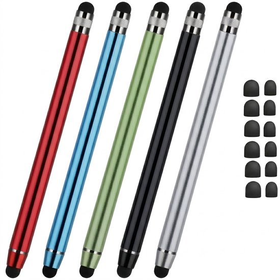 Rood blauw groen zwart zilver touchscreen pen stylus pen set 5 stuks dames heren met dubbele siliconen tip en extra vervangbare punten voor smartphone en tablet van Merkloos
