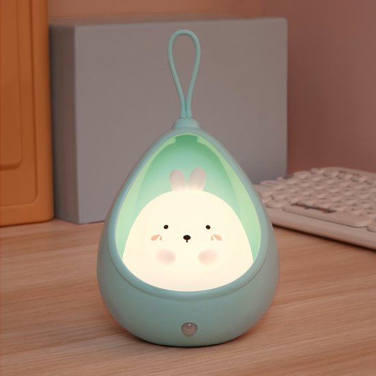 Schattig konijnennachtlampje voor kinderen, LED-bedlampje met bewegingssensor, draagbare haak, USB-oplaadbaar dierenlampje voor de kinderkamer, verjaardagscadeau (blauw) van One Fire
