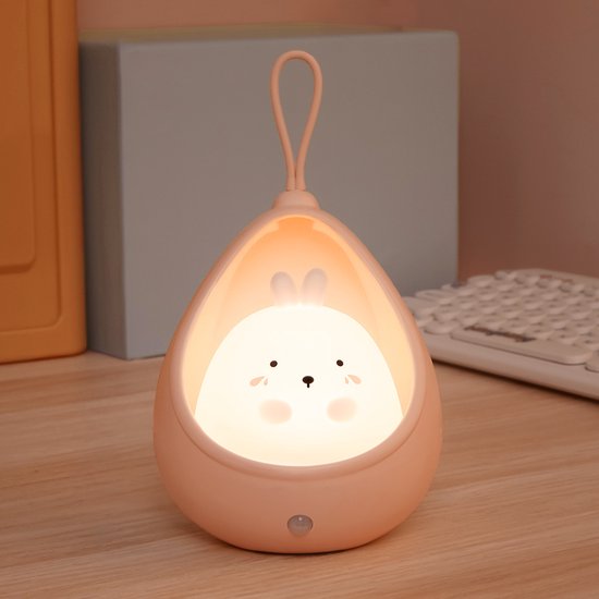 Schattig konijnennachtlampje voor kinderen, LED-bedlampje met bewegingssensor, draagbare haak, USB-oplaadbaar dierenlampje voor de kinderkamer, verjaardagscadeau (roze) van One Fire