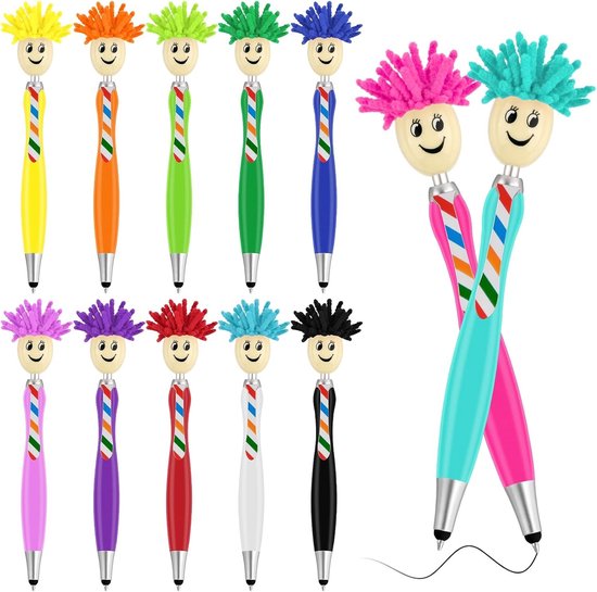 Schermreiniger - Multicolor - 12 Stuks - Microvezel Balpennen met Stylus en Mop - Voor Tablets en Mobiele Telefoons