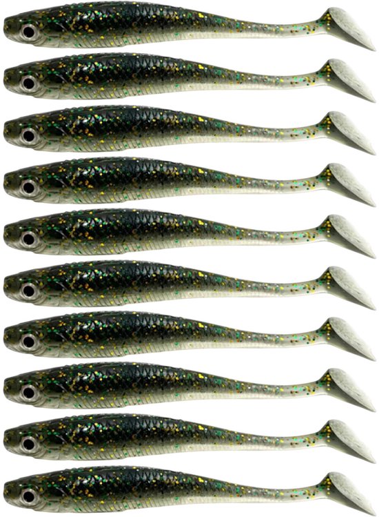 S&D | Shad Set 10 Stuks – 9cm / 5.5g – Realistisch Kunstaas met Glitters & Schubbenpatroon – Voor Snoek, Baars & Roofvis – Donkergroen van S&D
