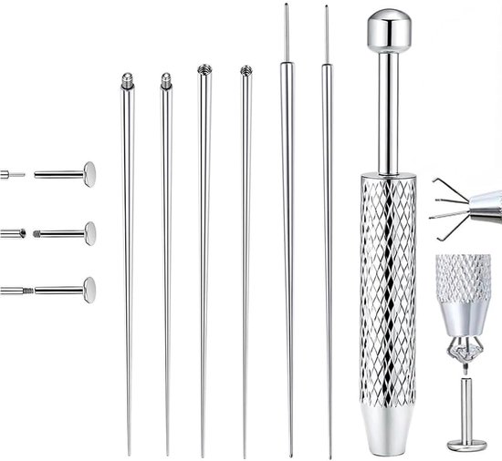 Set met pincet voor oor, neus, navel, tragus, helix, labret, roestvrij staal, rechte schacht met naald piercing, interne schroefdraad en kort grijpgereedschap voor het inbrengen