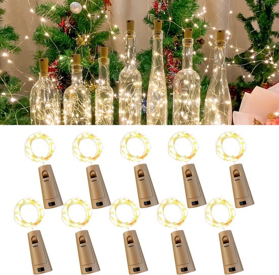 (Set van 10) Wijnflesverlichting met kurk, 10 LED's, 1 meter snoer, mini-lichtsnoer voor flessen – voor doe-het-zelf kerst, feestjes, decoratie en bruiloften
