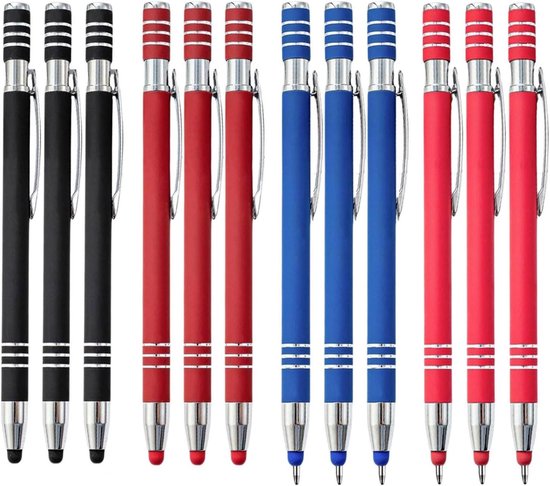 Set van 12 multicolor balpennen met touchpen - 2-in-1 stylus en balpen voor tablet, smartphone en touchscreen device