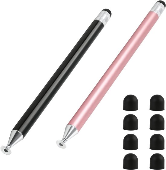 Set van 2 pennen voor tablets met touchscreen, compatibel met Android Surface smartphone, 2-in-1 precisiepunt en siliconen punt, geen opladen nodig, zwart en roze