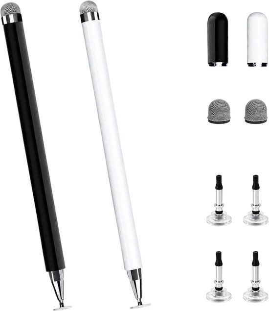 Set van 2 tabletpen, touchscreen-pen, universele stylus pen voor iPad, iPhone, Samsung, Huawei, capacitieve styluspen voor alle tablets en mobiele telefoons, zwart en wit