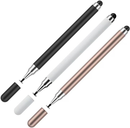 Set van 3 styluspennen met dubbele punt: schijf voor videobewerking en soepel glijden, vezelpunt voor tekenen en schrijven, 12,5 cm universele capacitieve pen voor alle tablets en telefoons met touchscreen (3 kleuren) van Merkloos