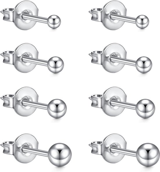 Set van 4 paar oorstekers van chirurgisch staal, medische bolvormige oorbellen voor dames en heren, 2 mm, 3 mm, 4 mm, 5 mm, zilverkleurige roestvrijstalen oorstekers, hypoallergeen
