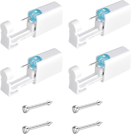 Set van 4 stuks wegwerppiercing, stekerset, neuspiercing, pistool, steriele neuspiercingset, neuspiercingset met 4 stuks witte strass, neuspiercingset, zelf steken voor thuis