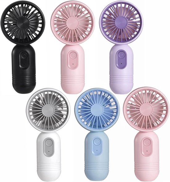 Set van 6 mini handventilatoren, oplaadbaar via USB, persoonlijke ventilatorset, 3 windsnelheden, geschikt voor groepsreizen of buitenactiviteiten, verkrijgbaar in meerdere kleuren.