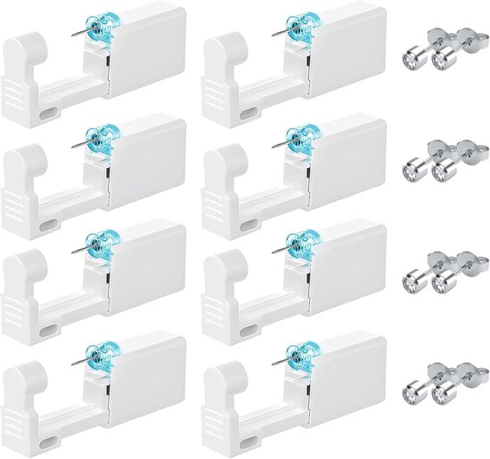 Set van 8 oorpiercingpistolen, pijnloos zelf oorpiercingpistool, aseptische wegwerpbare oorknopjes, voor meisjes, jongens, vrouwen, mannen (Argent)