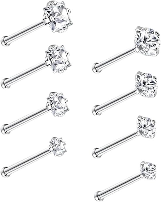 Set van 8 stuks, 20 g, zirkonia, neusringen, hypoallergeen, titanium, neuspiercing voor dames en heren, 1,5 mm, 2 mm, 2,5 mm, 3 mm