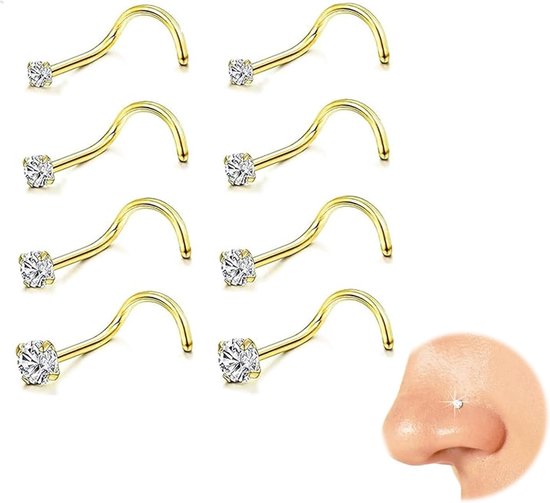 Set van 8 stuks 316L neuspiercings, chirurgisch staal, hypoallergeen, neusstekers, neuspiercing, goud, L