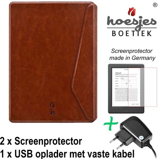 SleepCover Geschikt voor Kobo Clara HD Hoes Cognac Bruin + Screenprotector + Oplader - ereader hoesje - cover