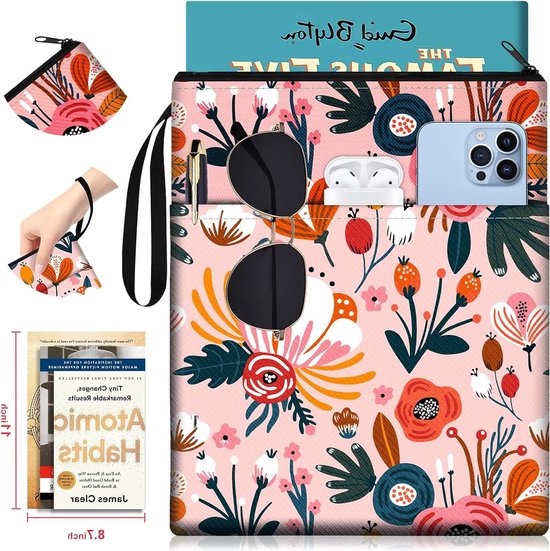 Slohif Book Sleeve Pouch Book Cover Protector with Zipper Cute Book Beau Book Sleeve Small Large Flowers Unique Pockets for Paperback HardBook Cover Reading Accessories Gift for Students Women Readers