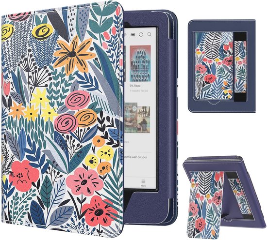 SnelShoppen - MoKo Hoes voor 6" Kobo Clara Colour/BW/2E 2024/2022, Blauw Bladeren Bloem | Slim PU Shell Cover, Kaartsleuf, Handstrap, Vouwbare Stand,