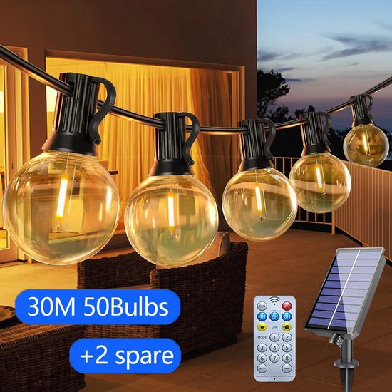 Solar-buitenverlichting (snoer), 30 meter (100 ft) waterdichte terrasverlichting met afstandsbediening, 50 LED-lampjes, 8 lichtstanden, voor tuin en buiten