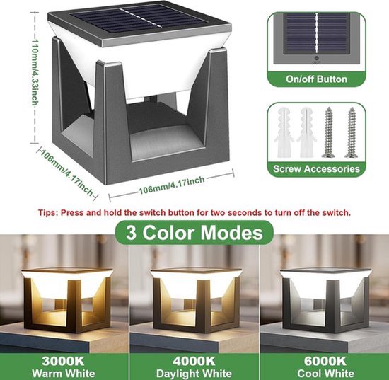 Solar paalverlichting voor buiten, 2 stuks, waterdicht - LED-verlichting op zonne-energie voor schuttingpalen van vinyl/hout, terras - 3 kleurstanden, automatisch aan/uit, heldere moderne pilaarverlichting voor tuin en erf van Merkloos