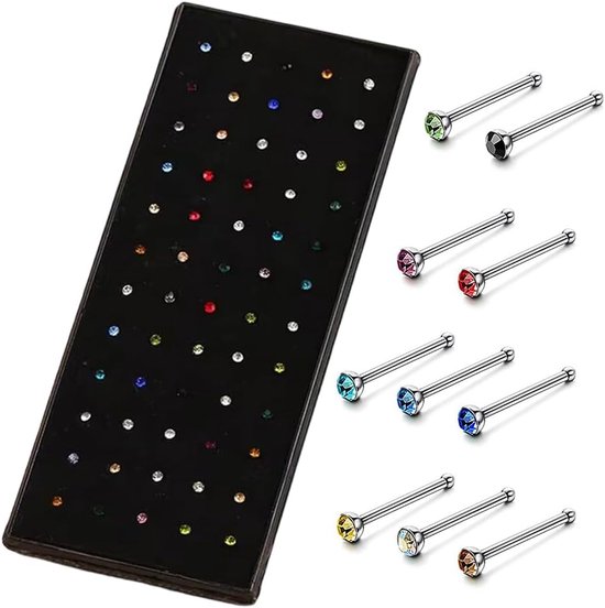 Stekers, 2 mm, 60 stuks, zilveren neusstekers met strass, rechte staven, stalen stekers, sieraden, kleine piercings, neussieraden met verpakking, neusstril piercings steker