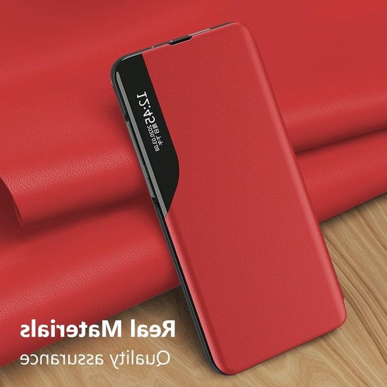 Stijlvolle en Slanke Boekstijl Hoes met Spiegel Effect voor Samsung Galaxy S26 Ultra - Beschermende, Krasbestendige Cover met Kickstand en Duidelijk Venster in Rood van Merkloos