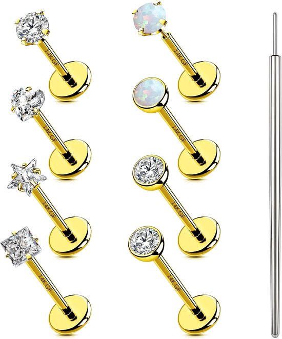 Studs Chirurgisch staal Neus Piercings Ringen Draadloze Push in Labret Piercings Medusa Lip Piercing Flat Back Kraakbeer Oorbellen Conch Tragus Helix Piercing Goud/Zilver