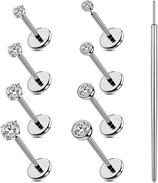 Studs Chirurgische Stalen Neus Piercings Hypoallergene Draadloze Push in Labret Medusa Lip Piercing Flat Back Kraakbeer Oorbellen Conch Tragus Helix Piercings Goud/Zilver