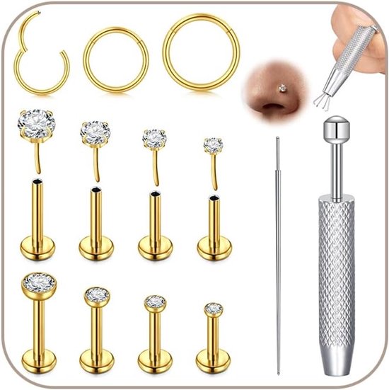 Studs Clicker Neus Ring Push Pin Platte Terug Labret Oorbellen Bal CZ Tragus Helix Kraakbeen Lip Piercing Sieraden 6/8/10MM met Grabber Tool Zilver Goud
