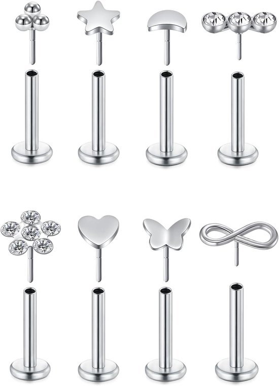 Studs Goud Zilver, 16G 6mm 8mm Tragus Piercing sieraden roestvrij staal met Cubic Zirconia, Neus Stud Lip Bar Kraakbeen Helix Piercing sieraden voor vrouwen meisjes