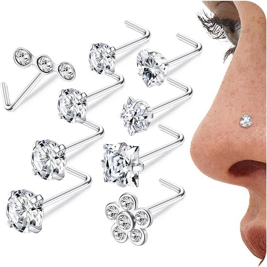 Studs Kit 9 Stks Chirurgisch Staal L Vormige & Schroef Zilver & Gouden Neus Studs Sieraden met 1,5 mm tot 4,5 mm CZ voor Alle Neuspiercing Sieraden voor Vrouwen Mannen