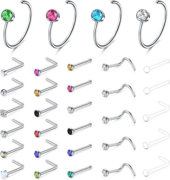 Studs L-vormige 20G Neus Pin Bone Neus Schroef Neusgat Piercing Sieraden Set Roestvrij Staal Diamant Gemengde Kleur Clear Neus Ringen Studs Sieraden voor Vrouwen Mannen