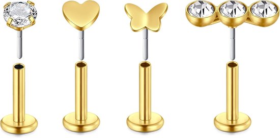 Studs Lip Bars Rvs 18G 20G 6/8mm Dunne Push in Trgaus Helix