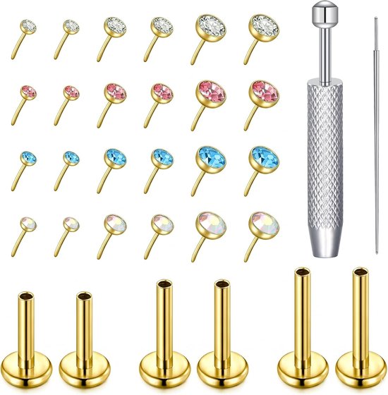 Studs Push Pin Platte Terug Oorbellen CZ Tragus Helix Kraakbeen Piercing Sieraden 6/8/10MM met Piercing Tool voor Vrouwen Mannen Zilver Goud
