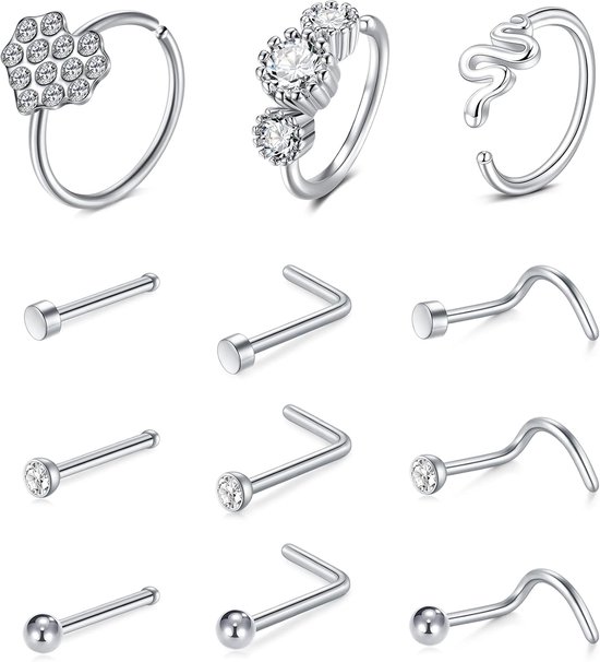 Studs Ringen Neus Piercings Set Neus Schroef Pin Dunne Hoepels met Bone L Vormige Opaal Kristal Piercing Sieraden Chirurgisch Staal 20G 8mm, Kristal, Opaal, Roestvrij staal, Staal