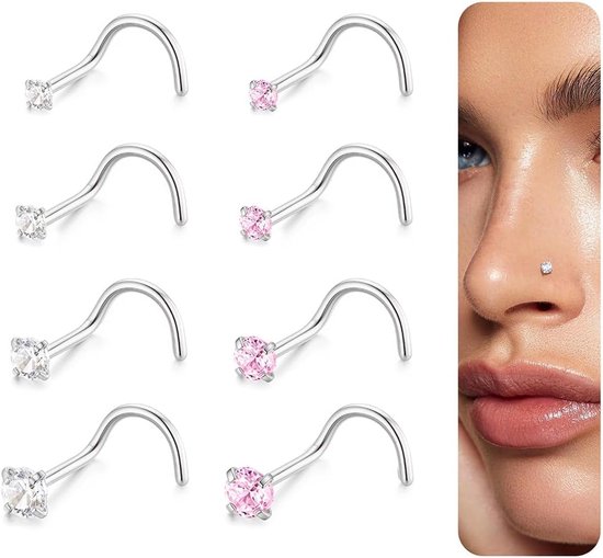 Studs voor vrouwen, 316L chirurgisch roestvrij staal, hypoallergene neuspiercing, sieraden, L-vormige oorstekers, 20G, transparant, zwart, roze, CZ-neuzenset, 1,5 mm, 2