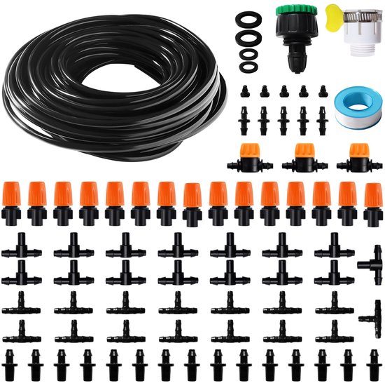 Stuks 4/6 mm Irrigatiesysteem Kit, 15m Irrigatieslang, DIY Auto Drip Irrigatie Kit, met Rechte Weerhakenverbindingen, Weerhaak T-Stukconnector, Eindplug, voor Gazon, Patio, Landschap