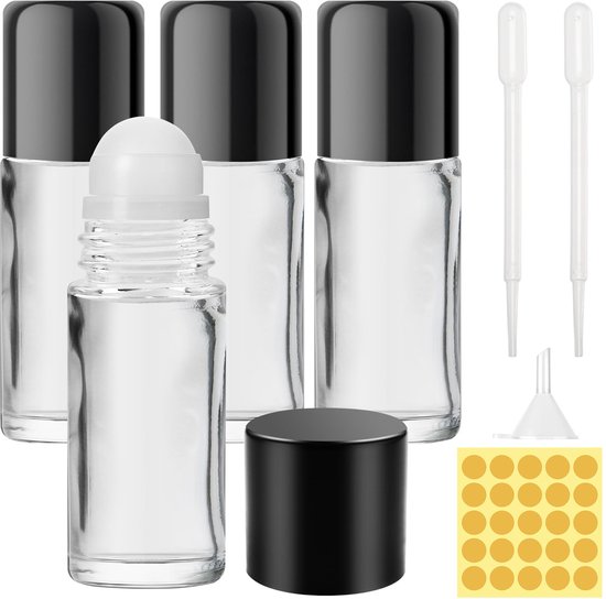 Stuks 50ml Rollerflessen voor Etherische Oliën, Invulbaar Glass Roll-On Bottles, Leeg Rollon Flessen met Druppelaar, Sticker voor Etherische Oliën, Parfums