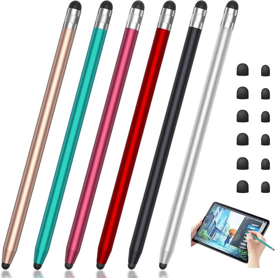 Stylus pen, 6 stuks tabletpen compatibel met Switch/Samsung/iPad/Android/iOS, 2-in-1 touchscreen-pen met 10 rubberen reservepunten voor alle tablets/smartphones
