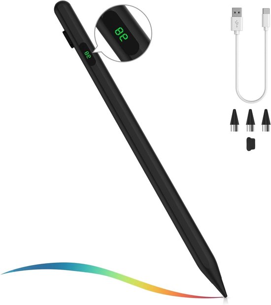 Stylus pen voor tablet en smartphone met power display - Zwart - Geschikt voor iPad, iPhone, Samsung, iOS, Android - 75 karakters.