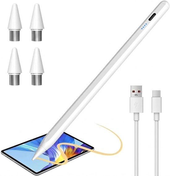 Stylus voor tablet, compatibel met iPhone/Sam/Huawei/Xiaomi, touchscreen-pen met 4 reservepunten, handpalmafwijking, kantelgevoeligheid