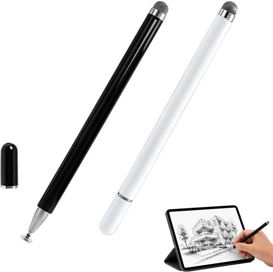 Stylus voor tablets en smartphones, multifunctionele dubbele punt, magnetische bevestiging, zonder batterij, modern design, zwart en wit, compatibel met iPad, Android, Surface