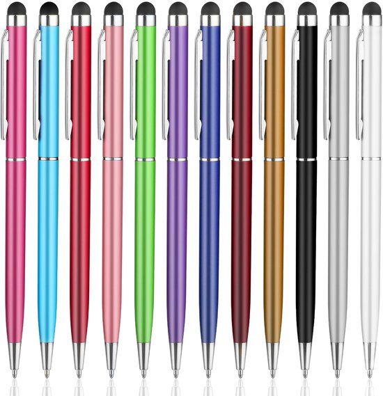 Styluspen 12 stuks - 2-in-1 Styluspennen/Balpen - Precisie Siliconen Tips - Duurzaam Kunststof/Aluminium - Geschikt voor Touchscreens - Afmeting 13,6 x 0,75 cm - Touchscreenpen