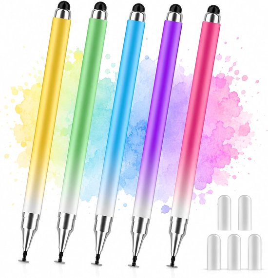 Styluspennen voor aanraakschermen, universele 2-in-1 styluspen voor iPad, compatibel met iPhone, iPad, Android, Microsoft-tablets, telefoons, oppervlak, [5 stuks] - Blauw, Groen, Roze, Paars