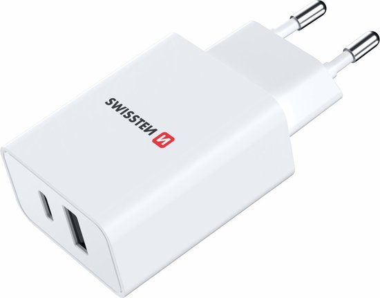 Swissten USB-C Snellader - 2 poorten - GaN technologie - USB-C & USB-A - 30W - Wit van Merkloos