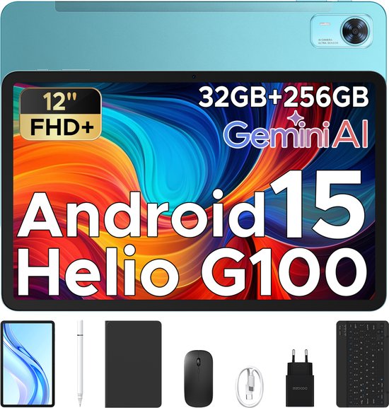 Tablet met Doogee Tab E3 Toetsenbord+ Android 15 Batterij 8800 mAh 12 "FHD+ 90Hz 32 GB+ 256 GB, Helio G100 Octa-Core Sim Face ID,Blauw